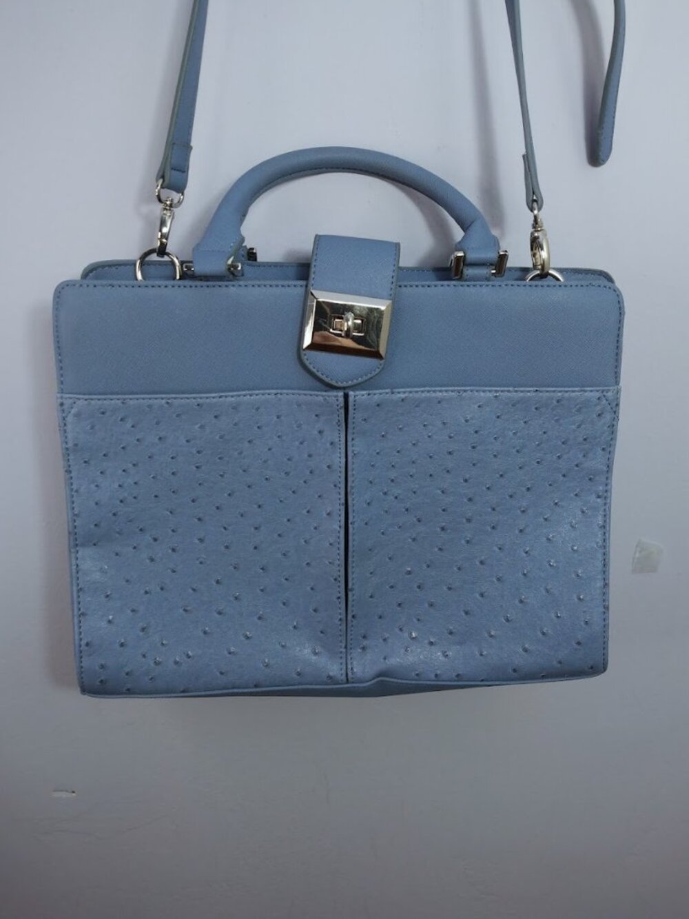 Faux Ostrich Textured Satchel Shoulder Bag Blue Turnlock Double Handles FLAW